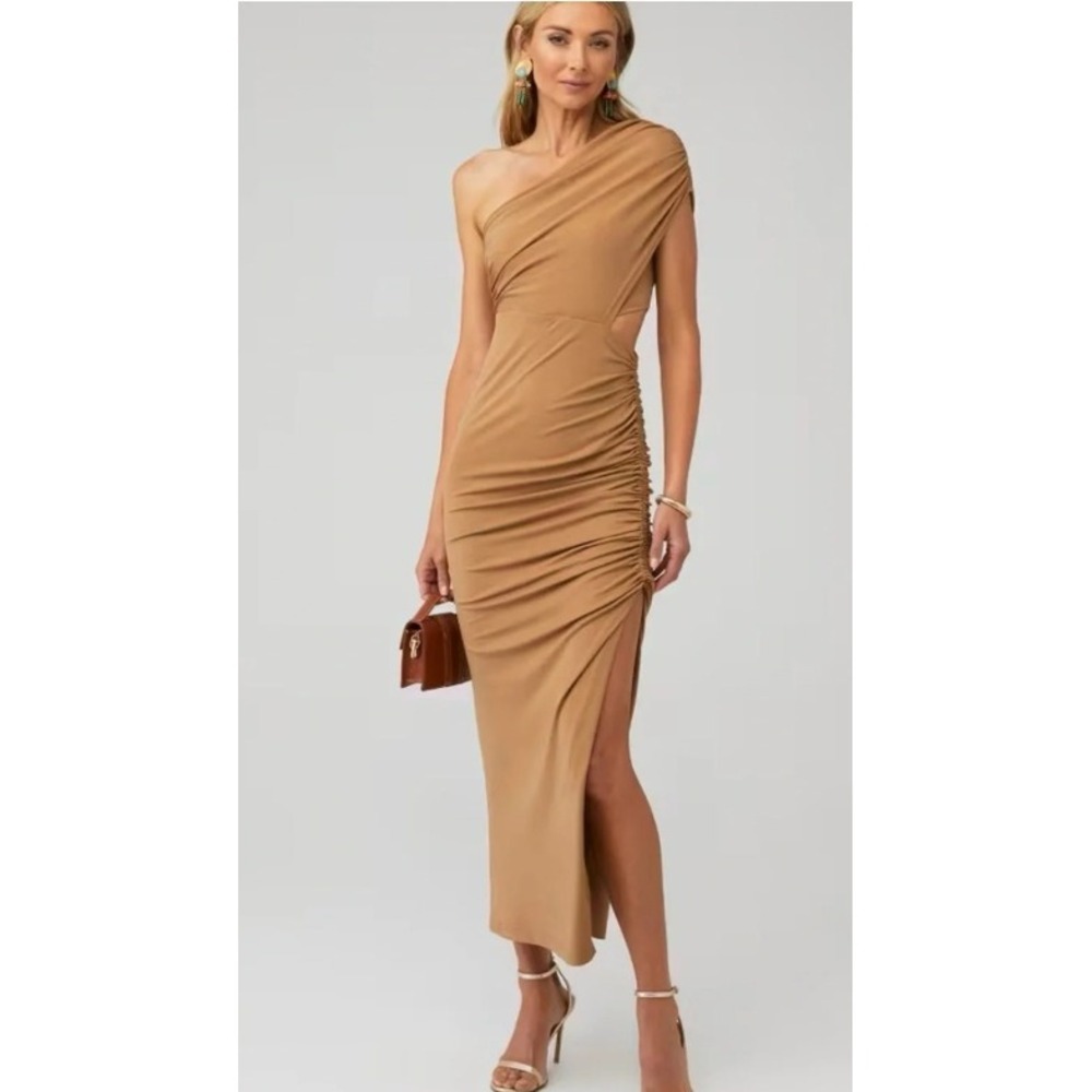 SIGNIFICANT OTHER Tan Ribbed One Shoulder Ruched Cut-Out Midi Dress 4US